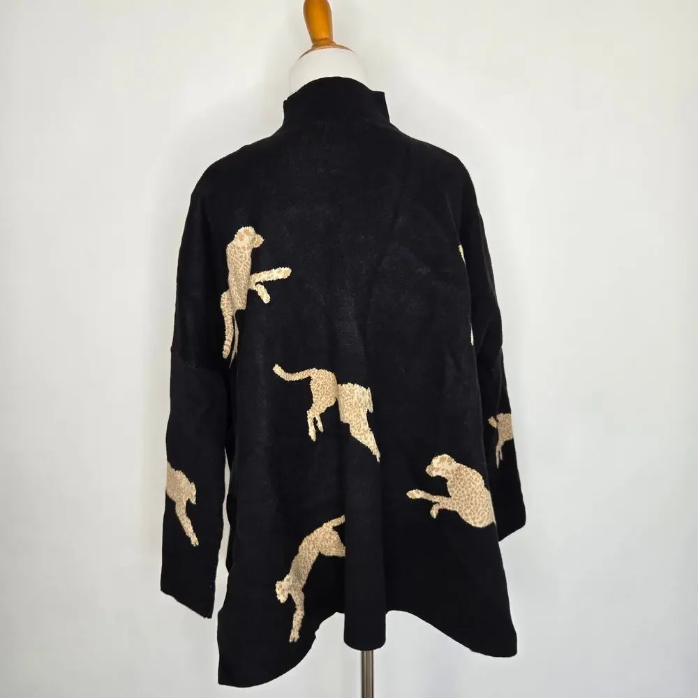 Entro Oversized Cheetah Sweater Black Mock Neck Novelty Animals Women Small